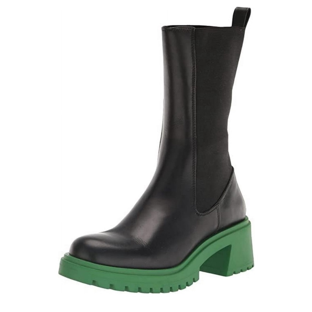 Steve Madden Black & Green Chunky Lug Sole Pull On Calf Height Hesitant Boots